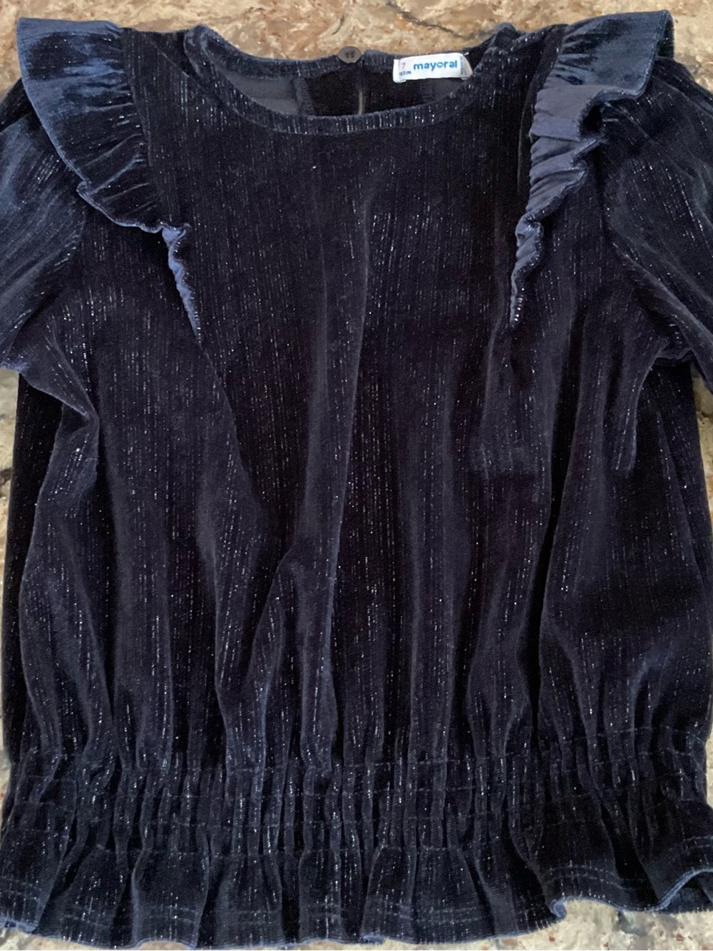 Mayoral Navy Velvet Ruffle Long Sleeve Top with Subtle Shimmer